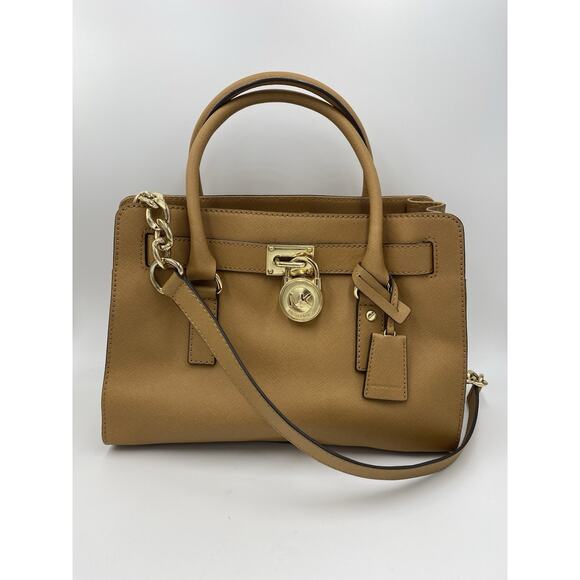 Michael Kors Saffiano Leather Hamilton Satchel Tote Bag Caramel Gold Medium - Picture 1 of 8